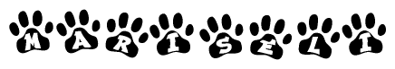 The image shows a series of animal paw prints arranged horizontally. Within each paw print, there's a letter; together they spell Mariseli