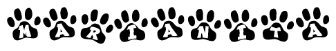 The image shows a series of animal paw prints arranged horizontally. Within each paw print, there's a letter; together they spell Marianita