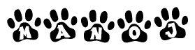The image shows a row of animal paw prints, each containing a letter. The letters spell out the word Manoj within the paw prints.