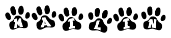 The image shows a series of animal paw prints arranged in a horizontal line. Each paw print contains a letter, and together they spell out the word Mailin.