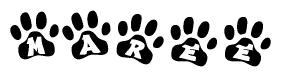 The image shows a series of animal paw prints arranged horizontally. Within each paw print, there's a letter; together they spell Maree