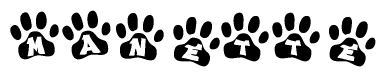 The image shows a row of animal paw prints, each containing a letter. The letters spell out the word Manette within the paw prints.