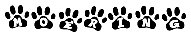 The image shows a row of animal paw prints, each containing a letter. The letters spell out the word Moering within the paw prints.