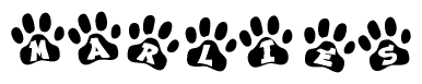 The image shows a series of animal paw prints arranged horizontally. Within each paw print, there's a letter; together they spell Marlies