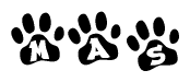 The image shows a row of animal paw prints, each containing a letter. The letters spell out the word Mas within the paw prints.
