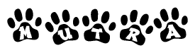 The image shows a row of animal paw prints, each containing a letter. The letters spell out the word Mutra within the paw prints.