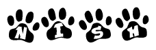 The image shows a series of animal paw prints arranged horizontally. Within each paw print, there's a letter; together they spell Nish