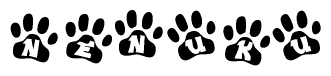 The image shows a row of animal paw prints, each containing a letter. The letters spell out the word Nenuku within the paw prints.