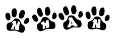 The image shows a series of animal paw prints arranged horizontally. Within each paw print, there's a letter; together they spell Nhan