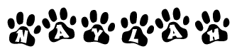The image shows a series of animal paw prints arranged in a horizontal line. Each paw print contains a letter, and together they spell out the word Naylah.