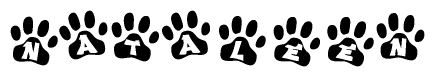 The image shows a series of animal paw prints arranged in a horizontal line. Each paw print contains a letter, and together they spell out the word Nataleen.