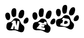 The image shows a row of animal paw prints, each containing a letter. The letters spell out the word Ned within the paw prints.