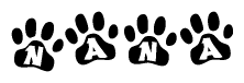 The image shows a series of animal paw prints arranged horizontally. Within each paw print, there's a letter; together they spell Nana