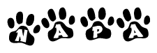 The image shows a series of animal paw prints arranged in a horizontal line. Each paw print contains a letter, and together they spell out the word Napa.