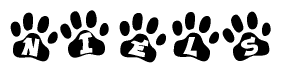 The image shows a series of animal paw prints arranged in a horizontal line. Each paw print contains a letter, and together they spell out the word Niels.