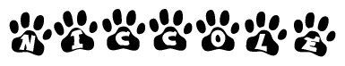 The image shows a row of animal paw prints, each containing a letter. The letters spell out the word Niccole within the paw prints.