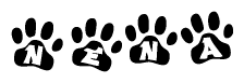 The image shows a series of animal paw prints arranged horizontally. Within each paw print, there's a letter; together they spell Nena
