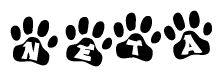 The image shows a series of animal paw prints arranged horizontally. Within each paw print, there's a letter; together they spell Neta