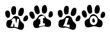 The image shows a series of animal paw prints arranged in a horizontal line. Each paw print contains a letter, and together they spell out the word Nilo.