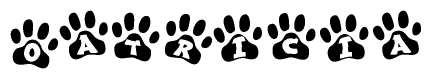 The image shows a series of animal paw prints arranged in a horizontal line. Each paw print contains a letter, and together they spell out the word Oatricia.