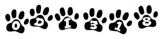 The image shows a series of animal paw prints arranged in a horizontal line. Each paw print contains a letter, and together they spell out the word Odi318.