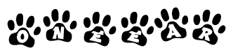The image shows a series of animal paw prints arranged in a horizontal line. Each paw print contains a letter, and together they spell out the word Oneear.