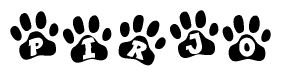 The image shows a row of animal paw prints, each containing a letter. The letters spell out the word Pirjo within the paw prints.