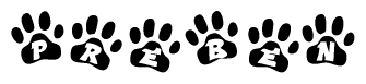 The image shows a row of animal paw prints, each containing a letter. The letters spell out the word Preben within the paw prints.