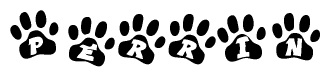 The image shows a row of animal paw prints, each containing a letter. The letters spell out the word Perrin within the paw prints.