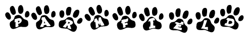 The image shows a series of animal paw prints arranged horizontally. Within each paw print, there's a letter; together they spell Parmfield