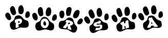The image shows a series of animal paw prints arranged in a horizontal line. Each paw print contains a letter, and together they spell out the word Porsha.