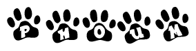 The image shows a series of animal paw prints arranged horizontally. Within each paw print, there's a letter; together they spell Phoum