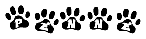The image shows a series of animal paw prints arranged horizontally. Within each paw print, there's a letter; together they spell Penne