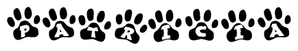 The image shows a series of animal paw prints arranged horizontally. Within each paw print, there's a letter; together they spell Patricia