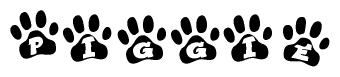 The image shows a series of animal paw prints arranged in a horizontal line. Each paw print contains a letter, and together they spell out the word Piggie.