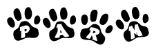 The image shows a row of animal paw prints, each containing a letter. The letters spell out the word Parm within the paw prints.