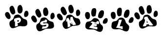 The image shows a series of animal paw prints arranged horizontally. Within each paw print, there's a letter; together they spell Psmela