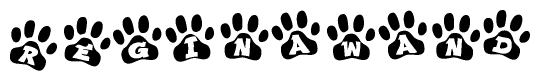 The image shows a row of animal paw prints, each containing a letter. The letters spell out the word Reginawand within the paw prints.