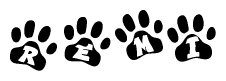 The image shows a series of animal paw prints arranged horizontally. Within each paw print, there's a letter; together they spell Remi