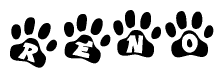 The image shows a series of animal paw prints arranged horizontally. Within each paw print, there's a letter; together they spell Reno