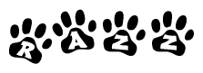 The image shows a series of animal paw prints arranged in a horizontal line. Each paw print contains a letter, and together they spell out the word Razz.