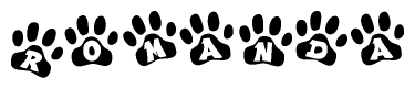 The image shows a series of animal paw prints arranged horizontally. Within each paw print, there's a letter; together they spell Romanda