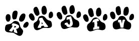 The image shows a series of animal paw prints arranged horizontally. Within each paw print, there's a letter; together they spell Rajiv