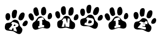The image shows a row of animal paw prints, each containing a letter. The letters spell out the word Rindie within the paw prints.