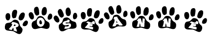 The image shows a series of animal paw prints arranged horizontally. Within each paw print, there's a letter; together they spell Roseanne