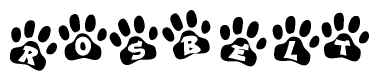 The image shows a row of animal paw prints, each containing a letter. The letters spell out the word Rosbelt within the paw prints.