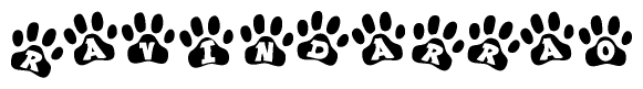 The image shows a series of animal paw prints arranged in a horizontal line. Each paw print contains a letter, and together they spell out the word Ravindarrao.