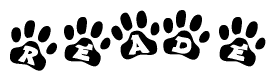 The image shows a series of animal paw prints arranged in a horizontal line. Each paw print contains a letter, and together they spell out the word Reade.