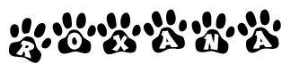 The image shows a series of animal paw prints arranged horizontally. Within each paw print, there's a letter; together they spell Roxana