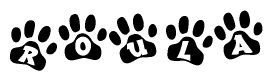 The image shows a row of animal paw prints, each containing a letter. The letters spell out the word Roula within the paw prints.